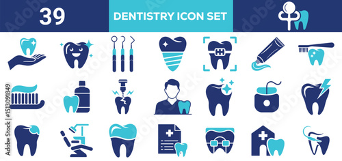 Dentistry Icon Set Vector Graphics Collection Featuring Tooth, Dentist, Braces, Implants, and Clinic Tools, Vector Set of Oral Hygiene, Tooth Implants, Dentist Tools, and Braces