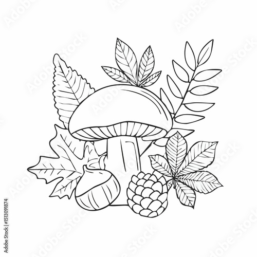 Forest items illustrated with natural hand-drawn linework.