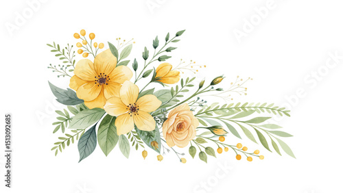 Watercolor tropical spring floral illustration featuring green leaves and exotic flowers isolated on transparent background for cards, invitations, and botanical wedding decor