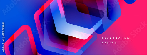 Abstract geometric shapes overlap. Vibrant blue, pink, purple gradients create modern background design. Smooth transitions, dynamic composition.