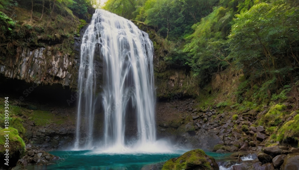 Naklejka premium Scenic Waterfall in Lush Green Forest