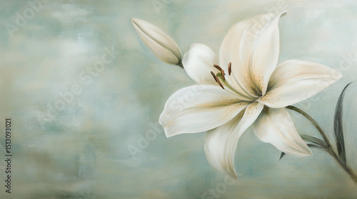 A delicate white lily flower gently resting on a soft, pale green background, radiating elegance and purity