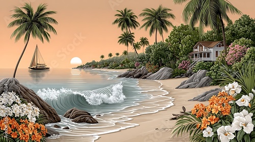 Romantic sunset over ocean with beach and flowers scene high resolution photo