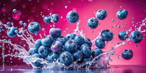 High-Speed Blueberry Splash Photography: Pink Background, Floating Fruit, Liquid Art