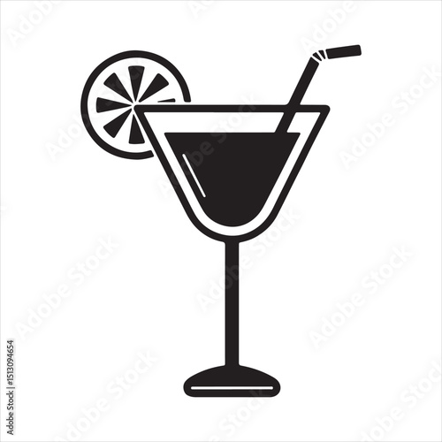 Black Silhouette Cocktail Glass with Lemon and Straw

