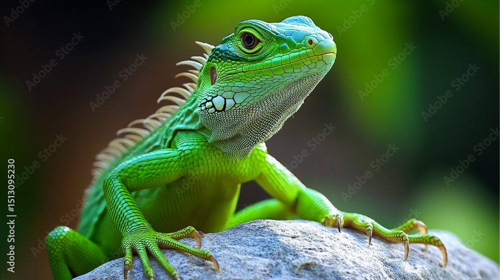 Fototapeta premium A vibrant green lizard perched gracefully on a sun-warmed rock