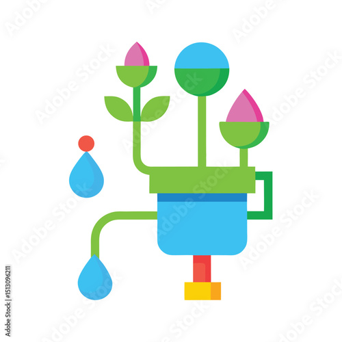 Abstract illustration depicting a stylized irrigation system with decorative flowers and water droplets against a white background.