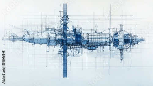 Conceptual blueprint of a futuristic spacecraft design illustrating detailed engineering plans and structural elements