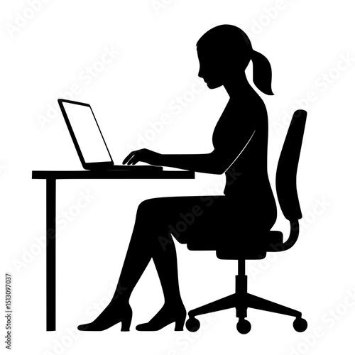 Silhouette of woman working on laptop while sitting at desk  