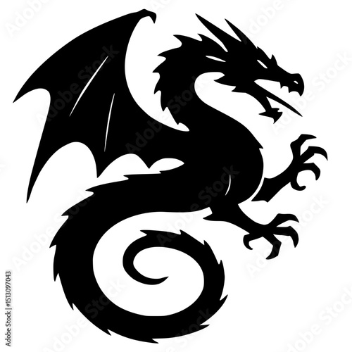 Black silhouette of a dragon in a fierce pose with wings spread  