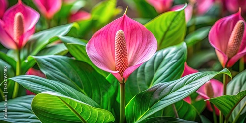 Panoramic Pink Spathiphyllum Houseplant Photography: Blooming Peace Lily, Indoor Plant, Lush Foliage, Vibrant Flowers