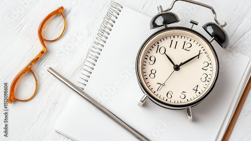 Wallpaper Mural Alarm Clock Notepad Pen and Eyeglasses on White Wooden Surface Torontodigital.ca