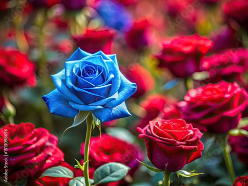 Miniature Blue Rose Among Red Roses - Tilt-Shift Photography, Fairy Tale Garden, Magical Bloom, Close-Up Macro