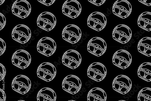 steering wheel auto vehicle line art seamless pattern on black background. retro car handle interior pattern wallpaper for sport, automotive, garage, spare part, industry merchandise