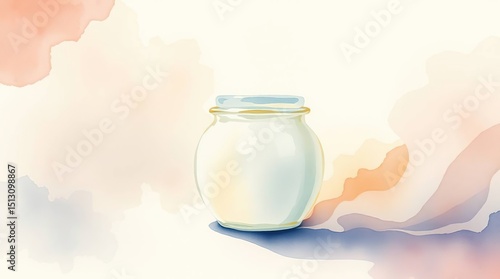 Delicate Watercolor Cream Jar in Mystic, Dreamlike Landscape with Ethereal Fluidity