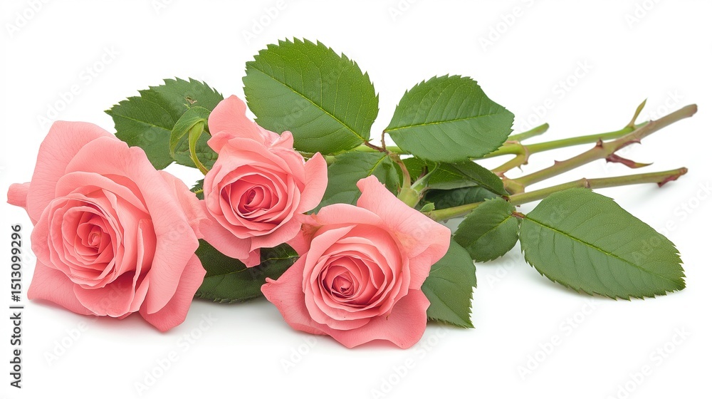 Naklejka premium Pink roses with green leaves in watercolor style, symbolizing natural beauty and delicate elegance.