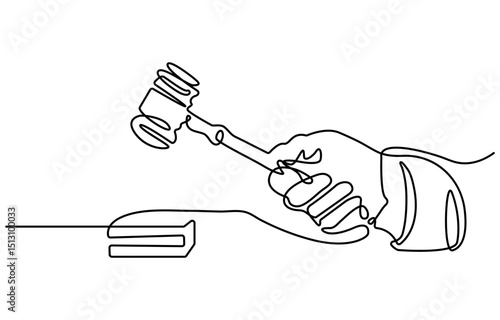 Professional lawyer with gavel in one line drawing. Law and justice concept. Minimalist vector art. continuous single line drawing of a judge with a gavel and a pedestal,