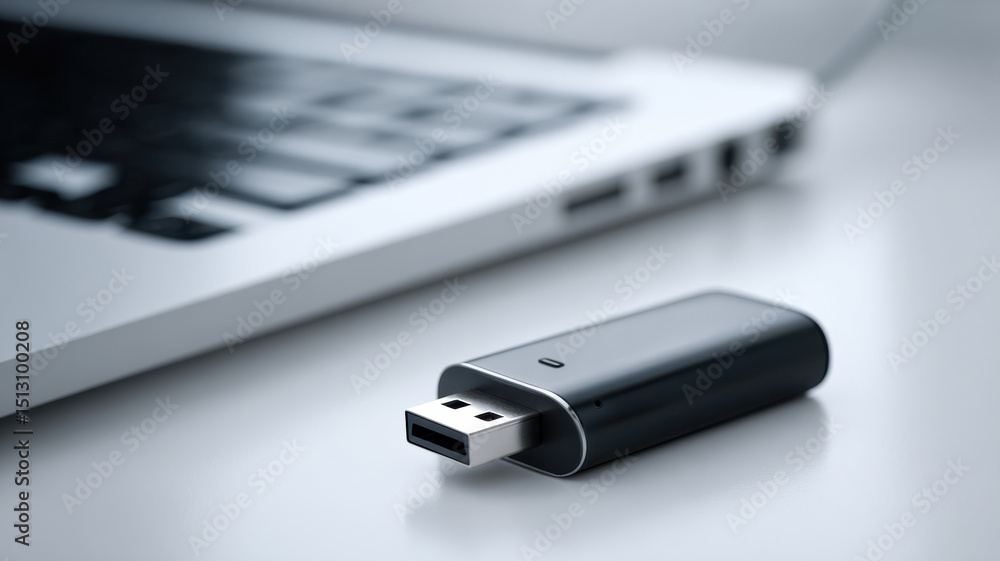 Fototapeta premium Compact USB drive and laptop corner visible