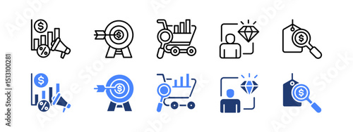 Market analysis icon set with Promotion, Target Market, Sales Analytics, Value Chain, Price