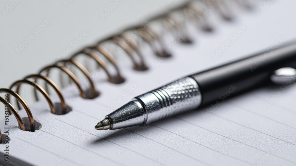 Close-up of a black pen resting on a spiral notebook. Close-up of a black pen resting on a spiral notebook.