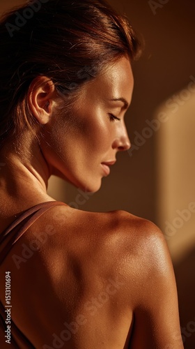 A woman with glowing skin is shown in warm lighting, looking over her shoulder with a serene expression.