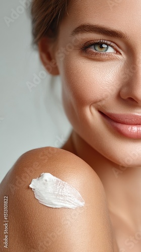 A young woman smiles, showing glowing skin with moisturizer applied to her shoulder, highlighting healthy skincare and natural beauty.