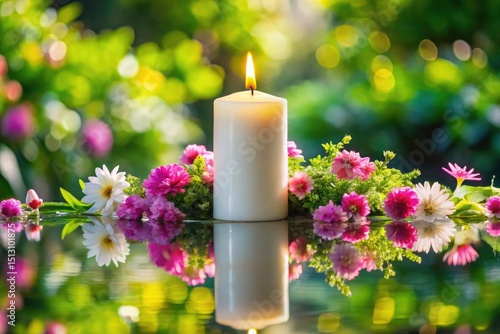 Pink Flowers White Candle Still Life Photography - Serenity, Peace, Floral Arrangement, Candlelight, Shiny Surface