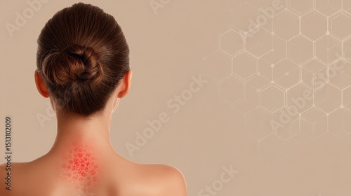 Wallpaper Mural A woman with a hair bun shows irritated red skin on the back of her neck against a beige background with hexagonal patterns. Torontodigital.ca