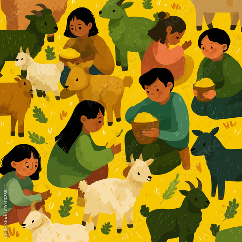 Children feeding sheep and goats, flat playful style, bright yellow and green, symbolic of Eid care for animals.