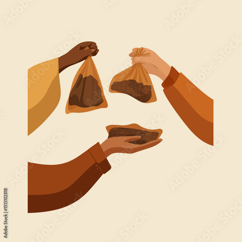Hands distributing meat packets to recipients, flat vector, warm brown and orange tones, community-focused design.