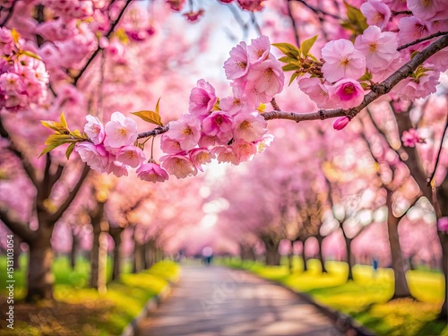 Serene Cherry Blossom Park: Minimalist Spring Photography, Pink Blossoms, Japanese Cherry Tree, Nature Wallpaper