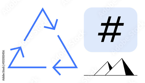 Blue recycling triangle with arrows, metadata tag in light blue square, and simple pyramid outline. Ideal for sustainability, social media, innovation, environment, minimalism, technology simple