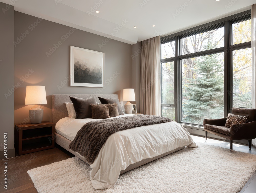 Fototapeta premium A contemporary bedroom featuring a large window and neutral tones.