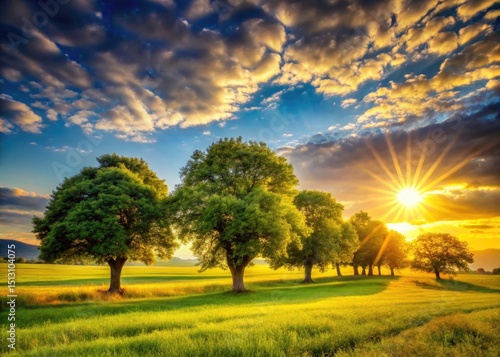 Rural Landscape Photography: Serene Countryside Trees Field Scenery Image