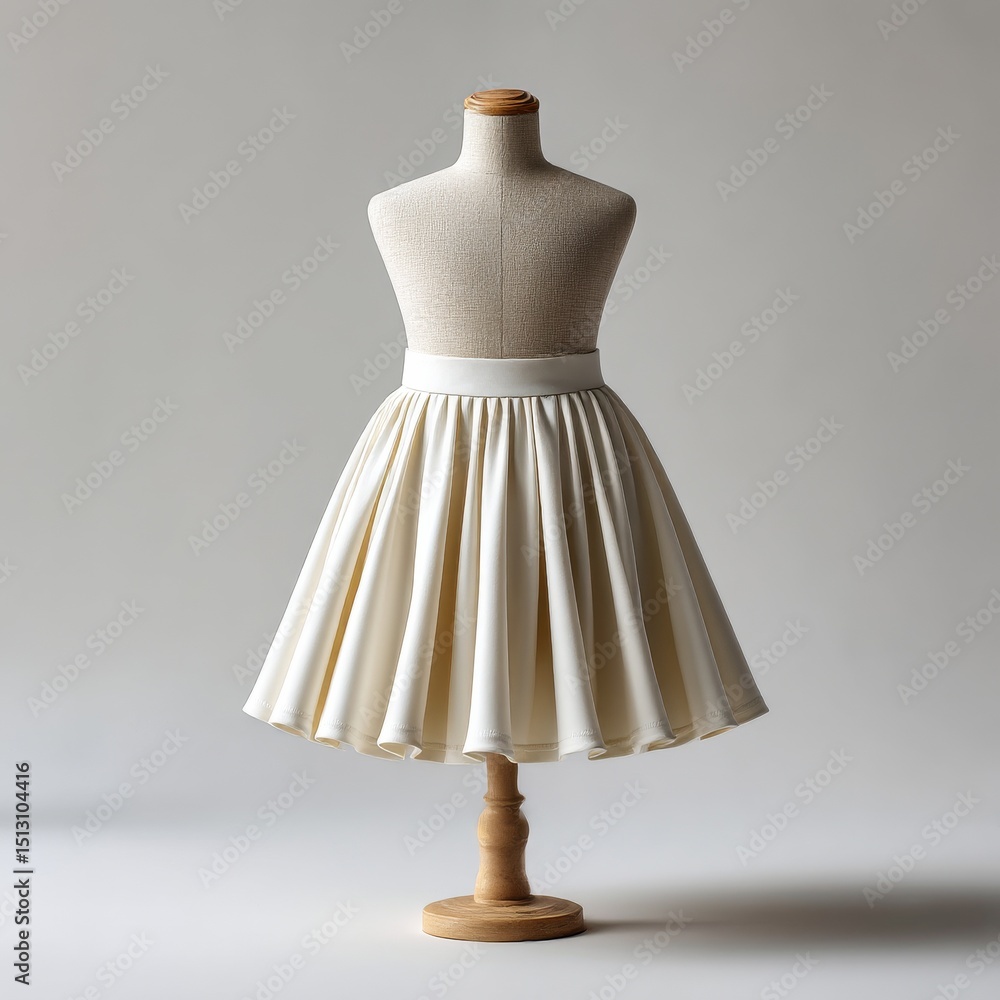 Minimalist Display: Off-White Skirt on Tailor's Mannequin in Studio Setting, Fashion Concept Minimalist Display: Off-White Skirt on Tailor's Mannequin in Studio Setting, Fashion Concept