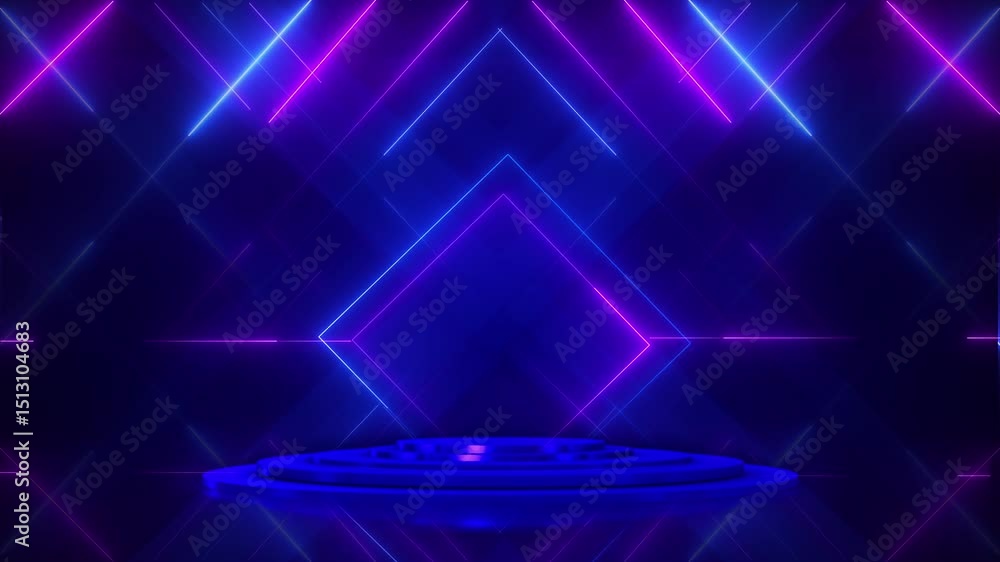 Luxury stage Cyber Digital event technology podium blue backdrop for game AI event products presentation. Luxury stage concept Cyber technology podium Stage Copy space Entertainment corporate events