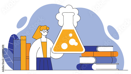 Female scientist studying chemistry with books and erlenmeyer flask