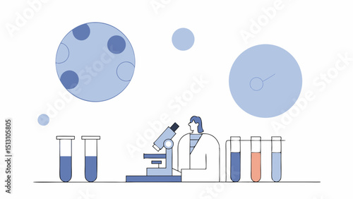 Scientist using microscope in laboratory with test tubes