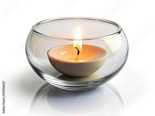 Tilt-Shift Candle Flame in Glass Bowl, Miniature Photography, Close-up, White Background, Isolated, Still Life, Diorama Effect