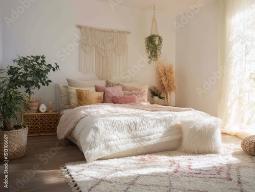 A light-filled bedroom with a cozy, bohemian aesthetic.