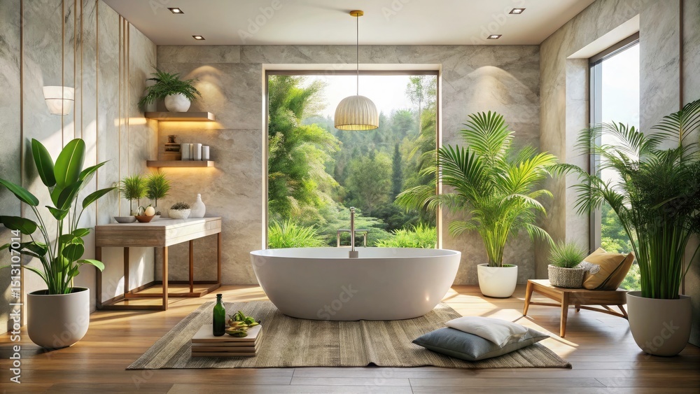 Fototapeta premium Tranquil Bathroom Design: Freestanding Tub, Neutral Palette, Spa-Like Ambiance, Relaxing Bath, Modern Bathroom Decor