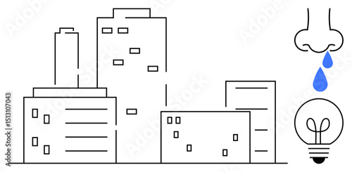 Buildings with nose dripping water symbolize air pollution, light bulb suggests innovation. Ideal for environmental impact, eco-innovation, sustainability, health awareness, smart cities, climate