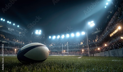Rugby Ball on Field at Night in Stadium with Crowd and Bright Lights Sport Competition