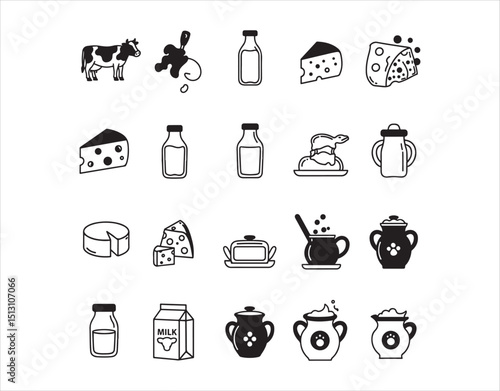 Collection of black and white dairy farm and product icons.

