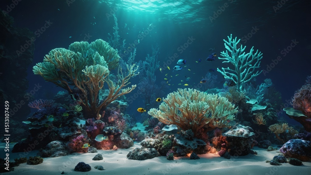 Fototapeta premium Bioluminescent Coral Reef: Unreal Engine 5, Midnight, Tropical Fish, Hidden Wonders