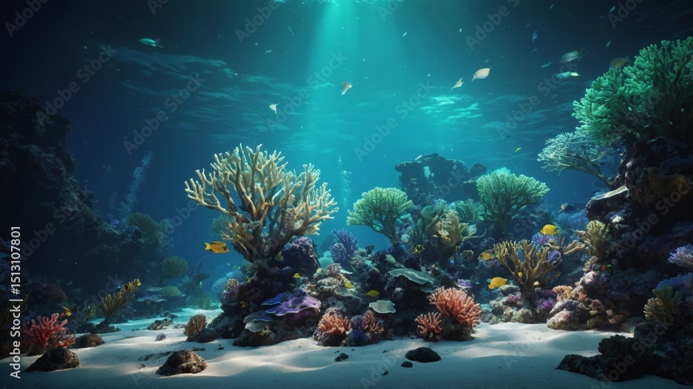 Naklejka premium Bioluminescent Coral Reef: Unreal Engine 5, Midnight, Tropical Fish, Hidden Wonders