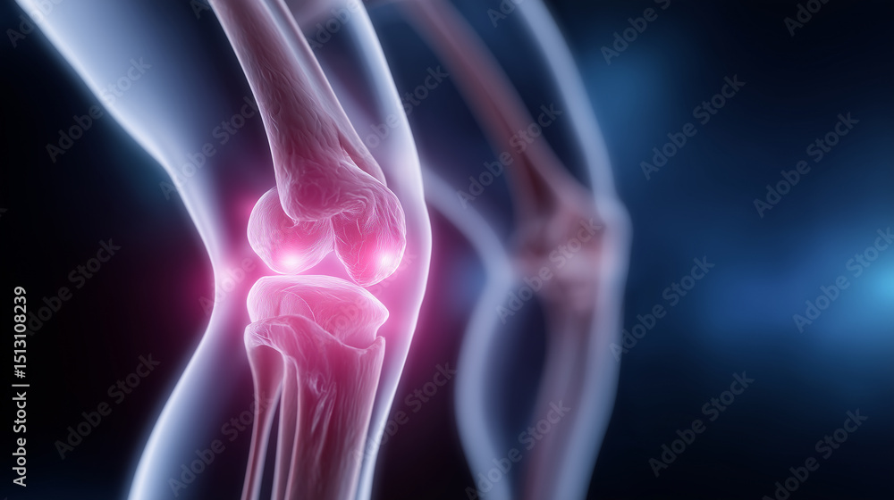 Knee joint pain, human skeleton anatomy with glowing red inflammation, medical concept of joint injury or arthritis discomfort Knee joint pain, human skeleton anatomy with glowing red inflammation, medical concept of joint injury or arthritis discomfort