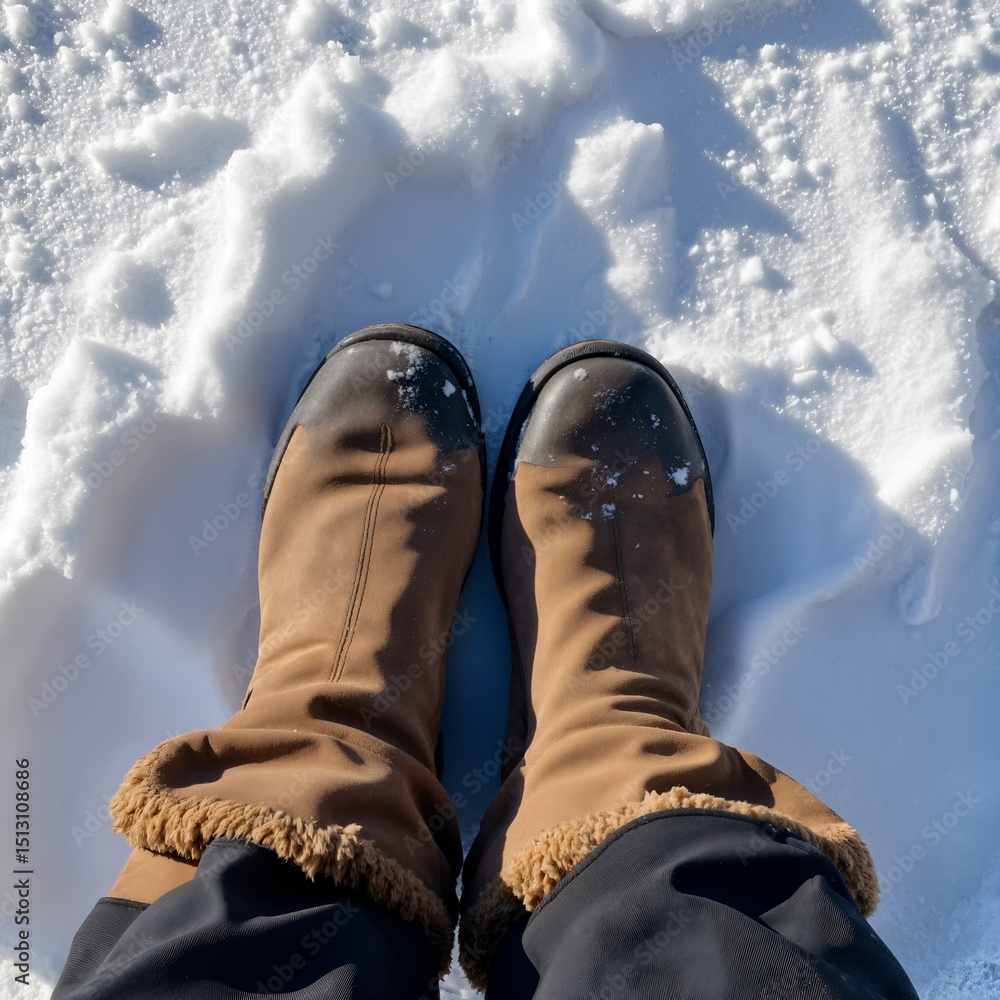 A pair of brown boots sitting on top of a snow covered ground. A pair of brown boots sitting on top of a snow covered ground.