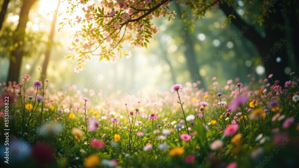 Obraz premium Blooming Meadow and Forest, Soft Pastel Lights, Isolated Design