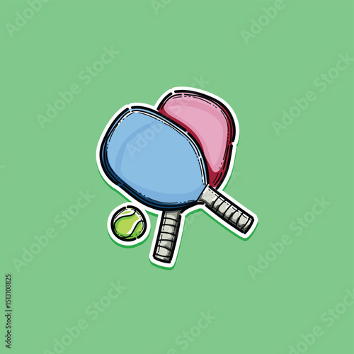 Colorful illustration featuring two table tennis paddles and a ball against a green background. Ideal for use in sports-related designs or leisure-themed projects.